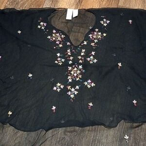 Liz Claiborne Sheer Black Blouse/Top with Colorful Floral Embroidery